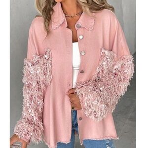 Luxe Sequin Button Down Frayed Detail Jacket Shacket